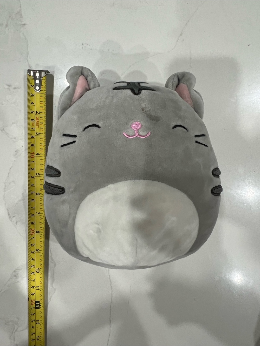 Plush Grey Cat Toy with Pink Nose - Soft Stuffed Pet Pillow